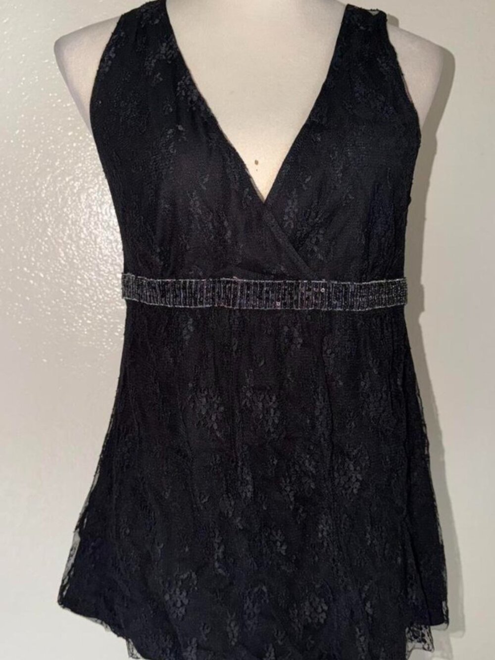 New York & Company Whimsigoth Black Lace Sequin Trim V-Neck Tank Top